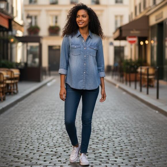 Chico's Women's Chambray Button Down Shirt Size 0 Light Wash Denim Long Sleeve - Picture 1 of 7